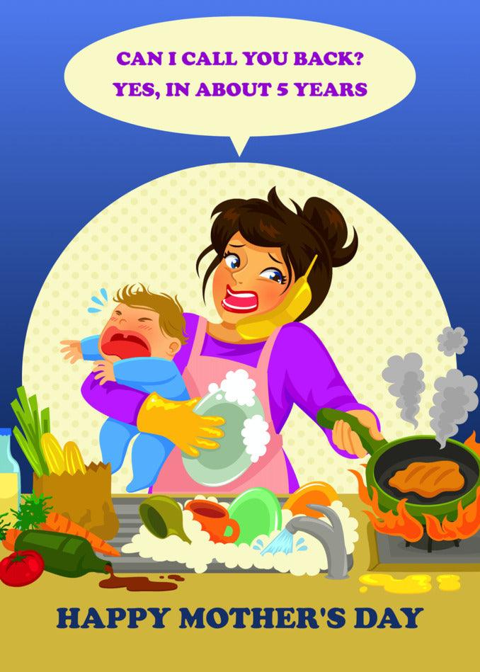 A Twisted Gifts 5 Years Rude Mother's Day card with an image of a woman cooking.