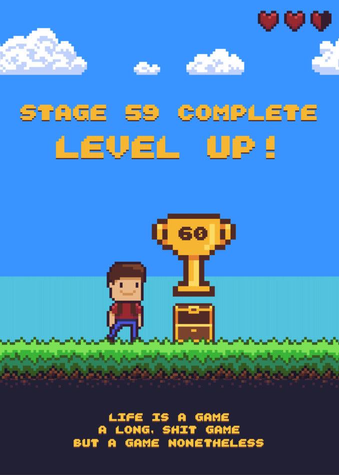 A video game screen with a man standing next to a Twisted Gifts 60 - Nontheless 60 Funny Birthday Card trophy.
