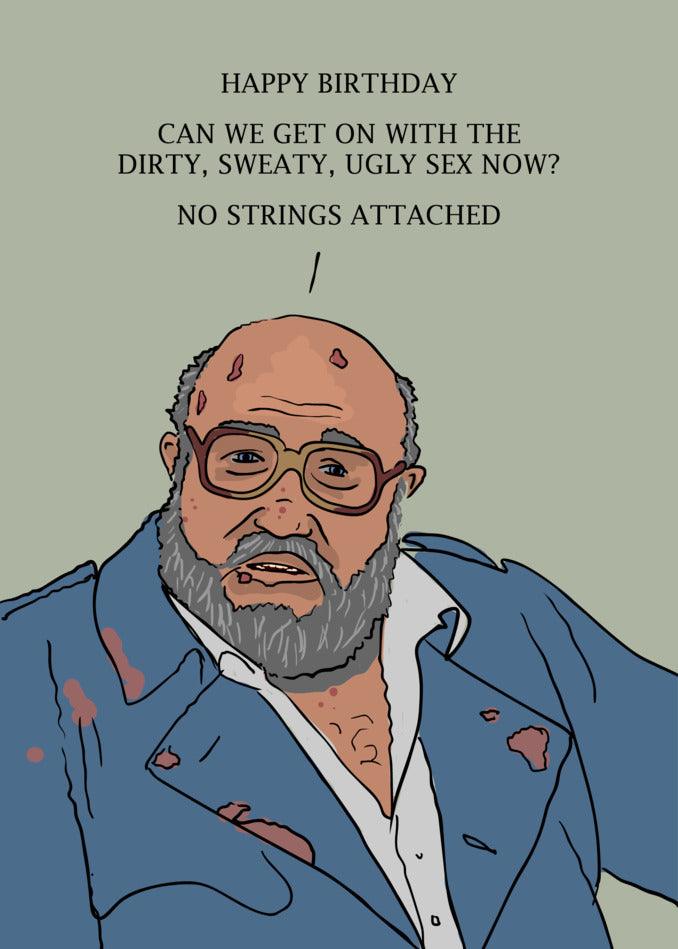 A hilarious man with a beard and glasses, perfect for an After Life fan or anyone who appreciates the Twisted Gifts After Life Dog Waste Man Funny Birthday Card.