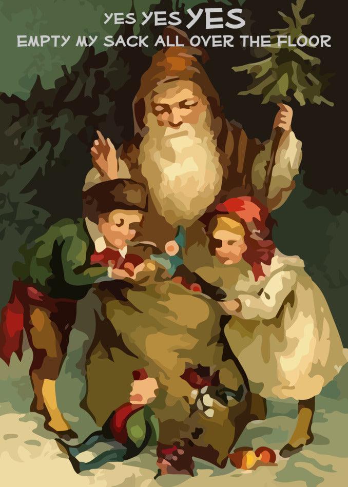 Santa Claus empties my sack full of All Over The Floor Rude Christmas Cards from Twisted Gifts.