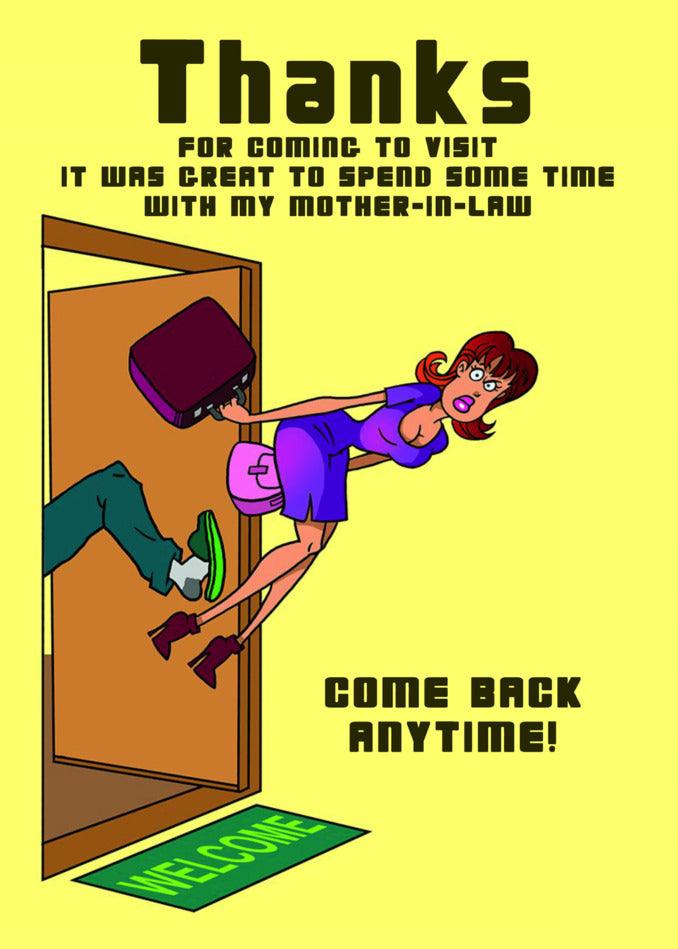 A cartoon of a woman carrying a Twisted Gifts Anytime Insulting Thank You Card.