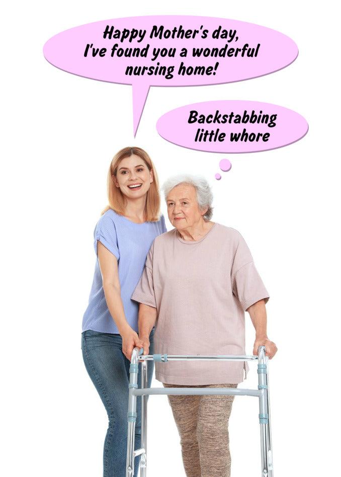 Celebrate Mother's Day and show your love and appreciation with a Backstabbing Funny Mother's Day card specially designed for grandmothers who use walkers. This unique creation from Twisted Gifts is sure to bring a