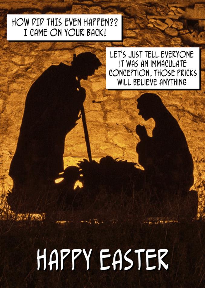 A Believe Anything Insulting Easter card by Twisted Gifts featuring a silhouette of Jesus, celebrating the joyous occasion.