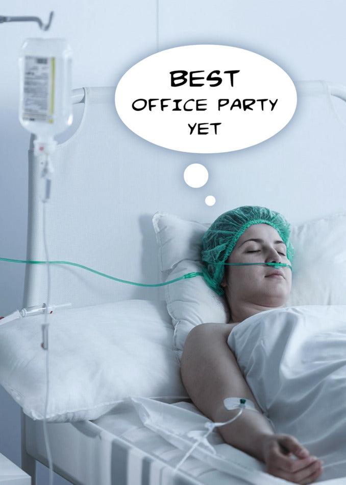 A woman in a hospital bed surrounded by Twisted Gifts' Best Yet Funny Christmas Cards.