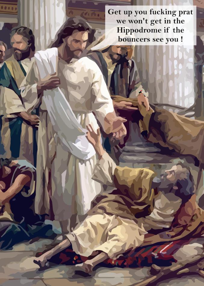 Jesus extends a helping hand to a man on the ground during a Twisted Gifts Bouncers Funny Christmas Card party.