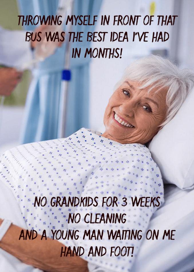 A woman lying in a hospital bed, surrounded by Twisted Gifts' Bus Funny Mother's Day Cards.