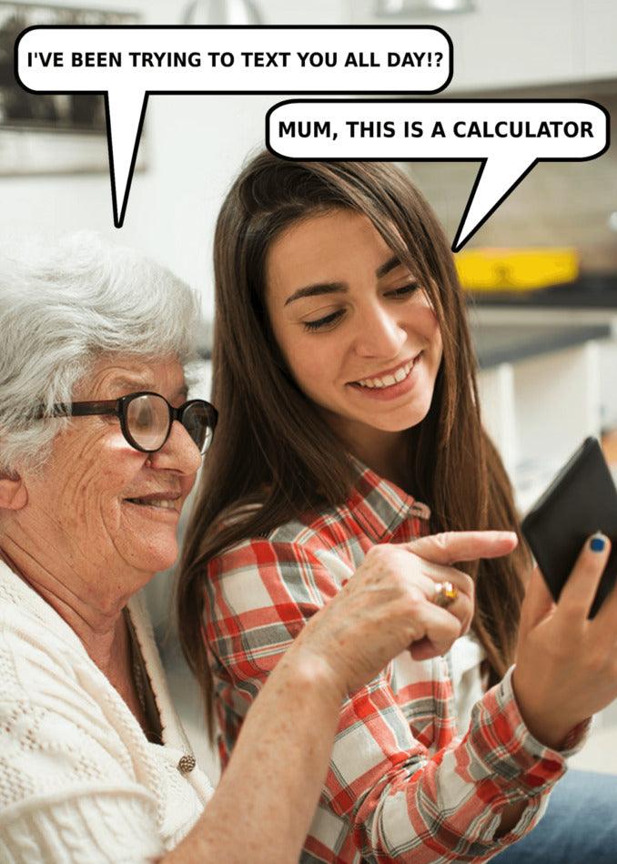 A woman holding a Calculator Funny Mother's Day Card from Twisted Gifts and pointing at it with a smile, creating a funny Mother's Day card.