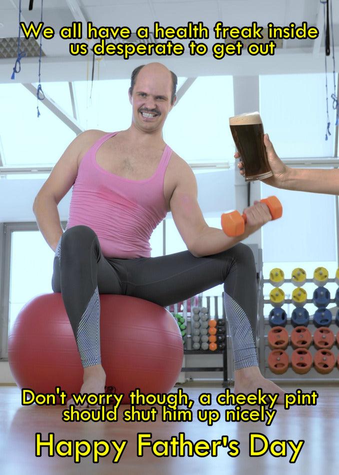 A funny man with a Cheeky Pint Funny Day Card from Twisted Gifts on an exercise ball.