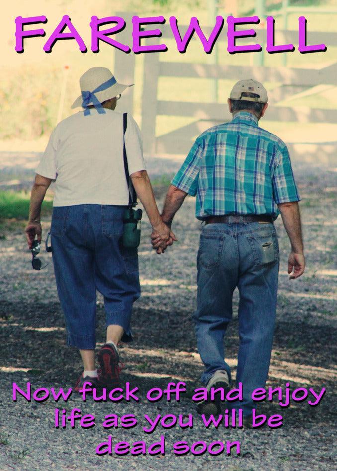 Two people holding hands, enjoying the Dead Soon Rude Farewell Card journey of life together from Twisted Gifts.