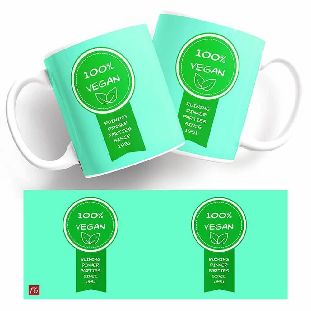 Two Dinner Parties mugs with the word vegan on them, perfect for those looking for a twisted and funny gift.