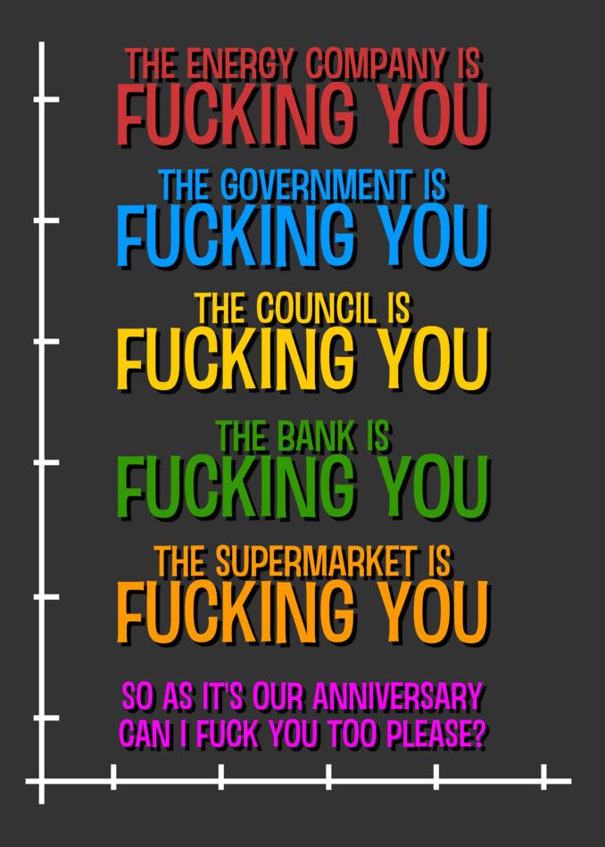 Twisted Gifts presents the Energy Company Funny Anniversary Card poking fun at the government and energy company's antics.