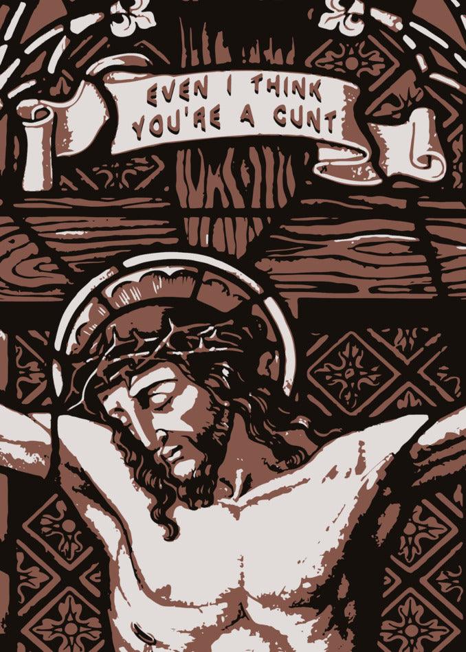 A stained glass window featuring Jesus on the cross, perfect for a Twisted Gifts Even I Rude Christmas Card.