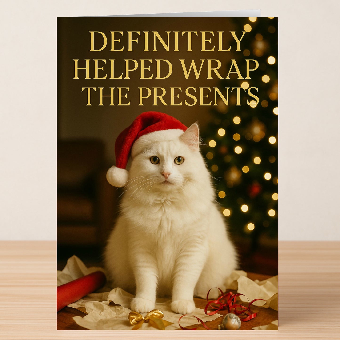 The Helped Christmas Card by Twisted Gifts features a white cat in a Santa hat among wrapping paper and ribbon, with a Christmas tree behind. Perfect for cat lovers, card reads: "Definitely helped wrap the presents.