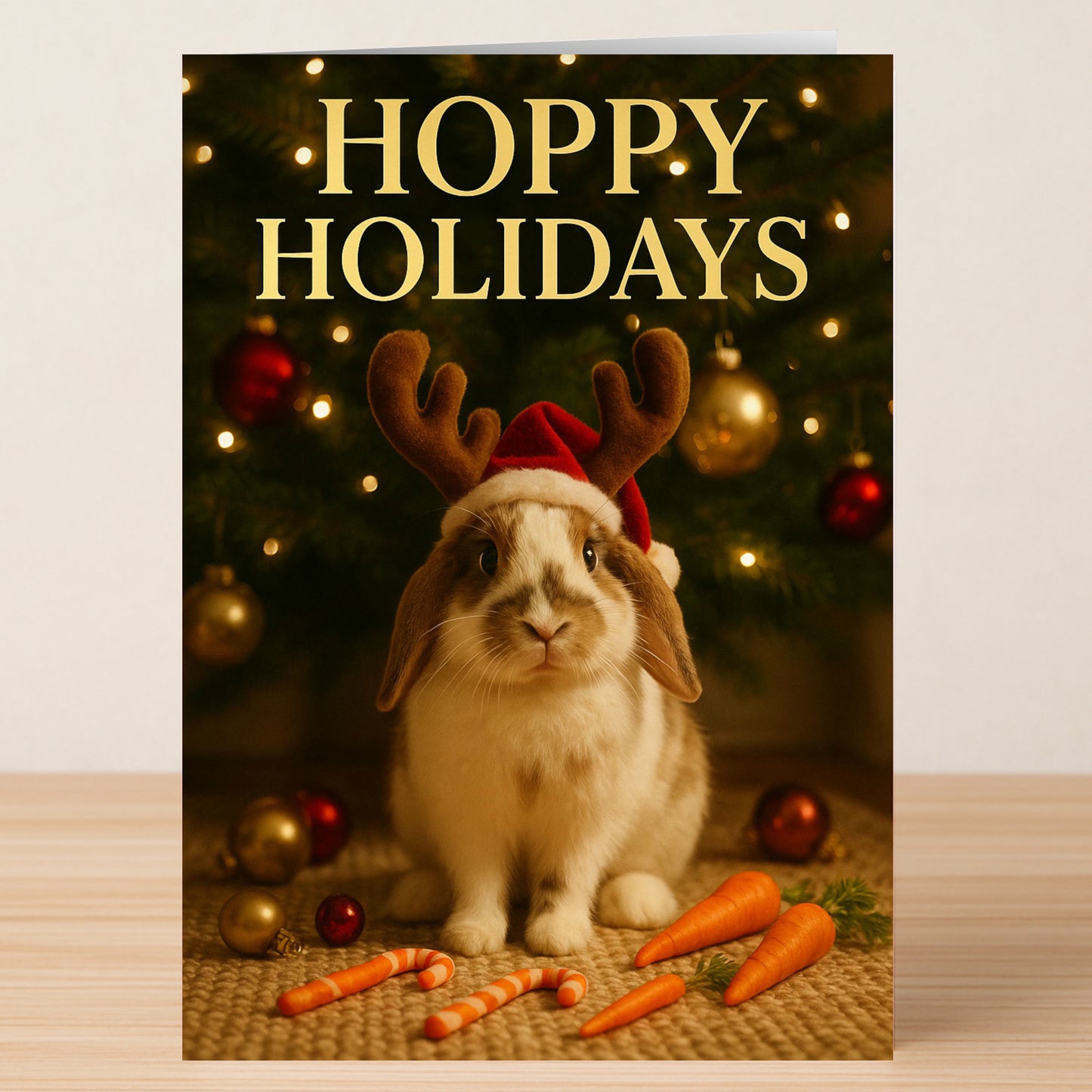 The "Hoppy Christmas Card" by Twisted Gifts features a cute rabbit with antlers and a Santa hat near a Christmas tree, surrounded by carrots and candy canes, wishing all a cheerful "Hoppy Holidays.