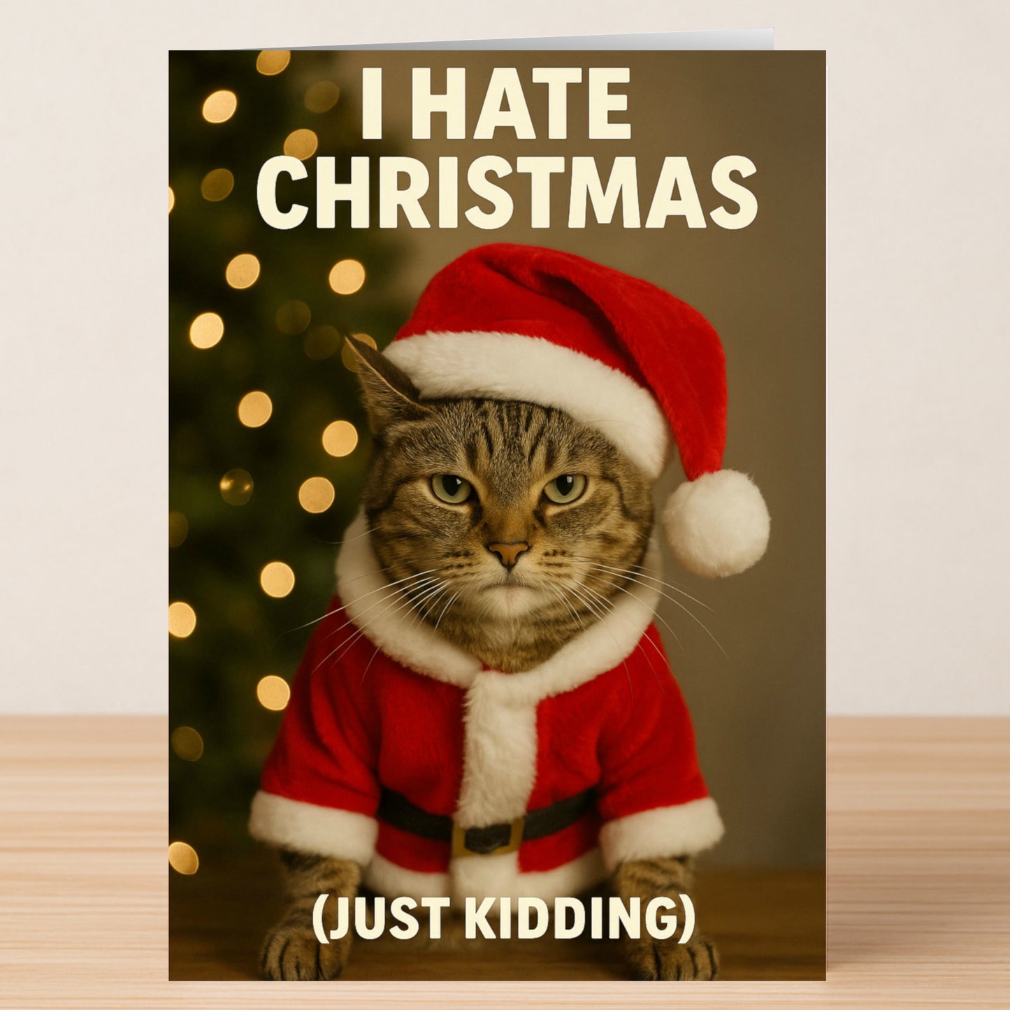 The Just kidding Christmas Card by Twisted Gifts features a tabby cat in a Santa costume with the phrase “I HATE CHRISTMAS (JUST KIDDING)”—a hilarious holiday card for cat lovers.