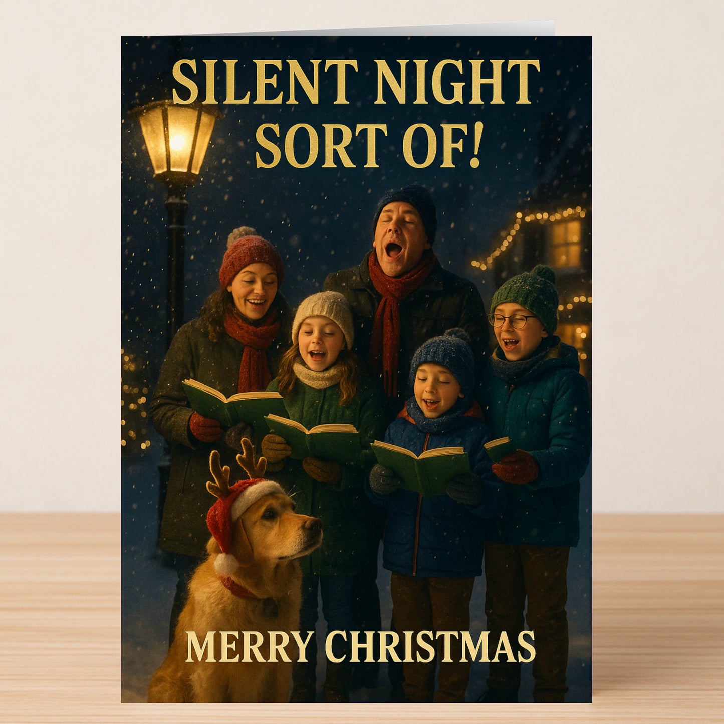 A family and their dog join carol singers under a streetlamp on this Twisted Gifts Silent Night Christmas Card, featuring the text "SILENT NIGHT SORT OF! MERRY CHRISTMAS." Perfect for sharing festive cheer.