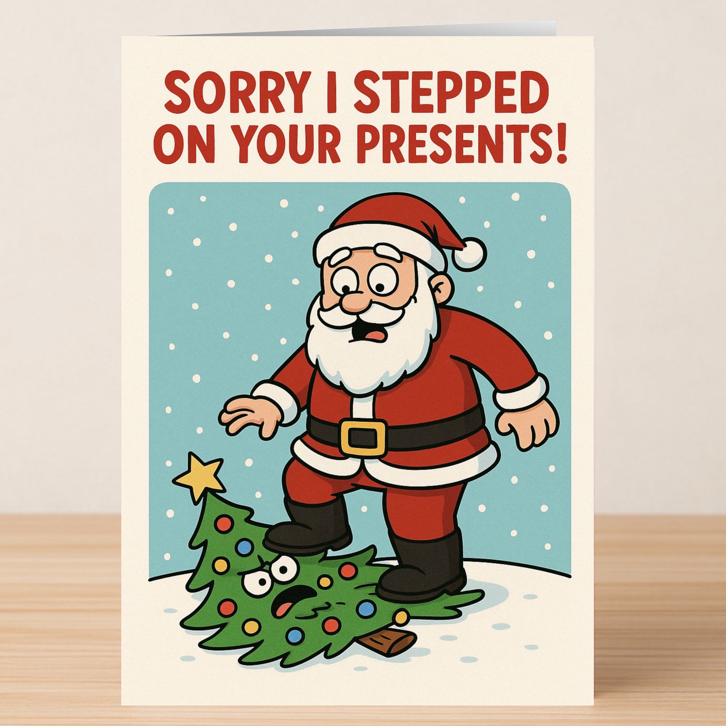 The Sorry Christmas Card from Twisted Gifts features a funny illustration of Santa stepping on a startled, decorated tree with the text "SORRY I STEPPED ON YOUR PRESENTS!"—a perfect humorous holiday apology card.