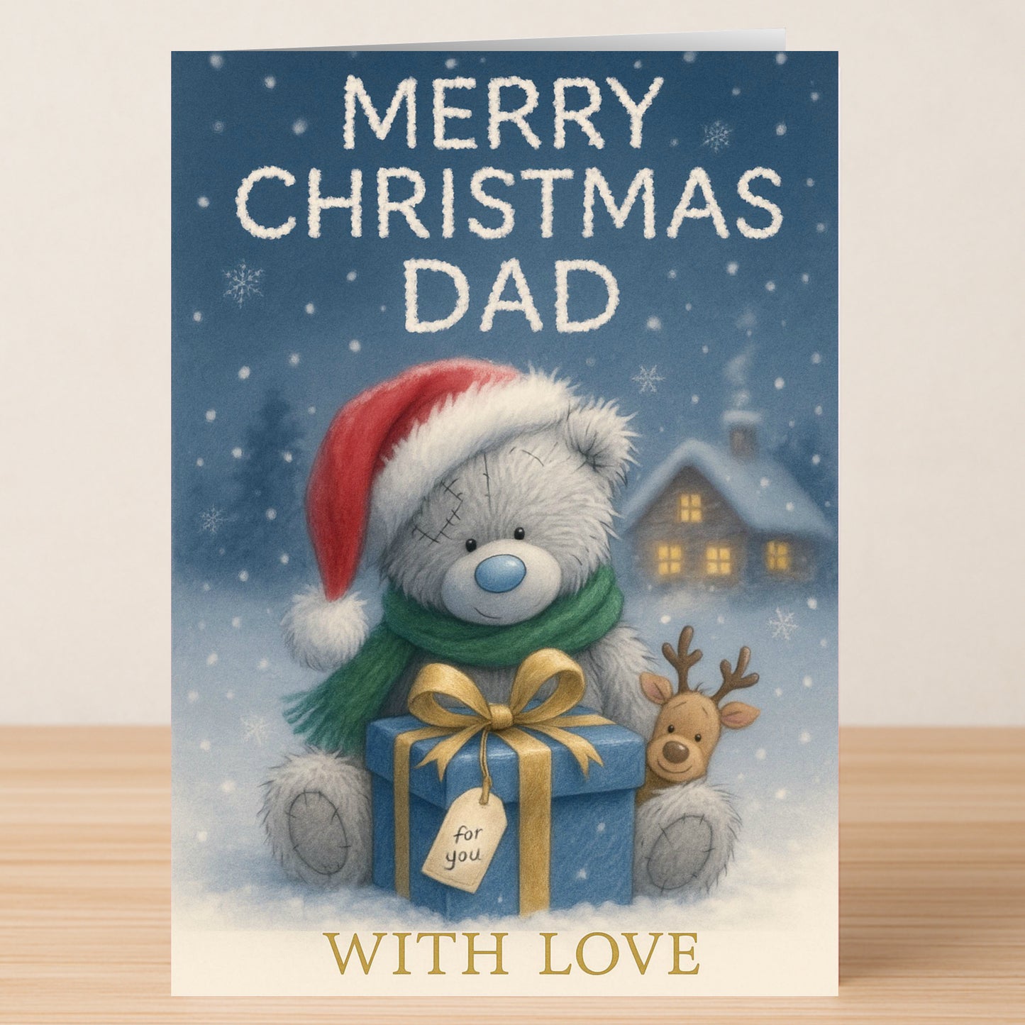 Surprise Dad with the Twisted Gifts Dad Bear Christmas Card—featuring a teddy in a Santa hat, blue present tagged "for you," and reindeer toy. "Merry Christmas Dad. With Love." A perfect festive card to show you care!.