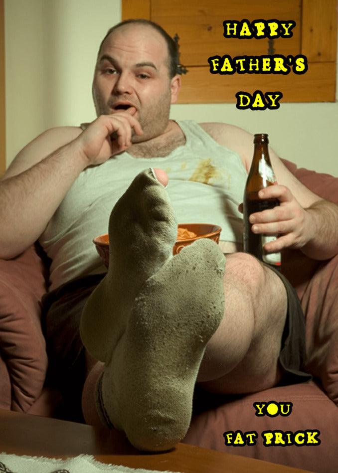 A man sitting on a couch with a Fat Prick Insulting Father's Day Card from Twisted Gifts in his hand.