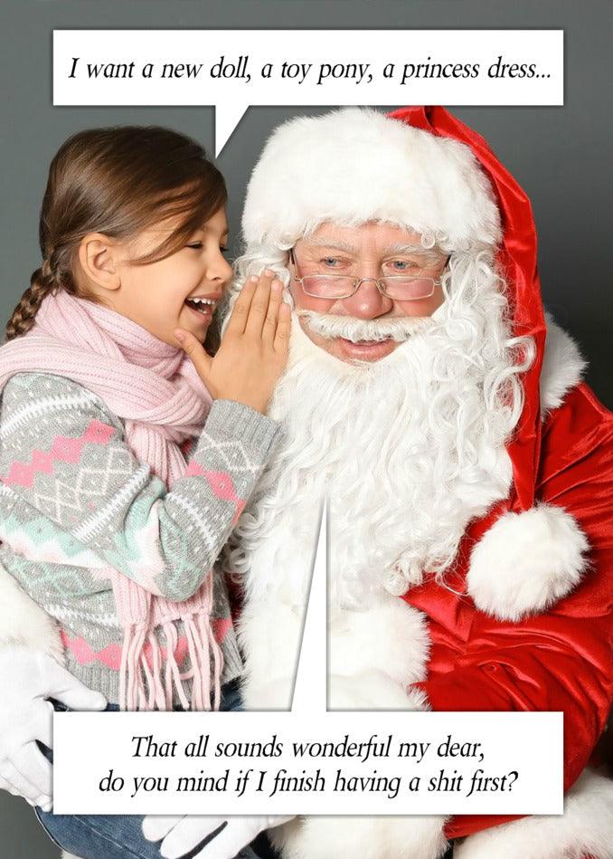 Santa Claus sharing funny anecdotes with a little girl during Christmas, featuring the Finish First Funny Christmas Card from Twisted Gifts.