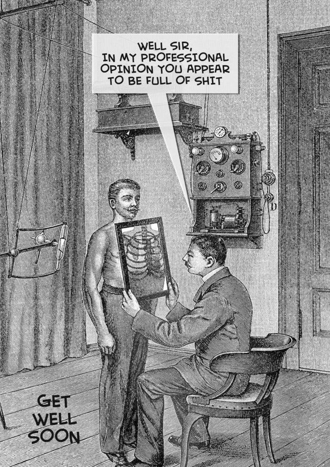 A funny cartoon man holding a stethoscope, perfect for a Full Of Shit Rude Get Well Soon Card from Twisted Gifts.