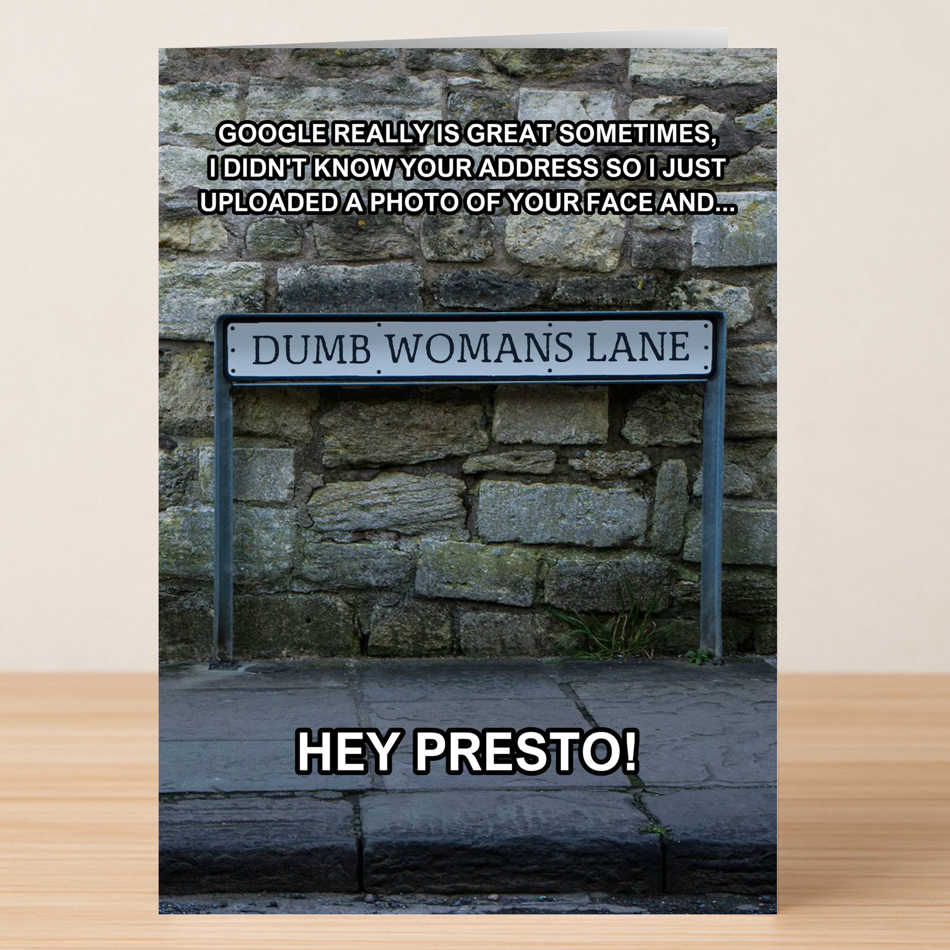 The Dumb Woman Funny Greeting Card by Twisted Gifts features a "Dumb Woman's Lane" street sign on stone and witty Google address text—a hilarious choice for anyone with a quirky sense of humor.