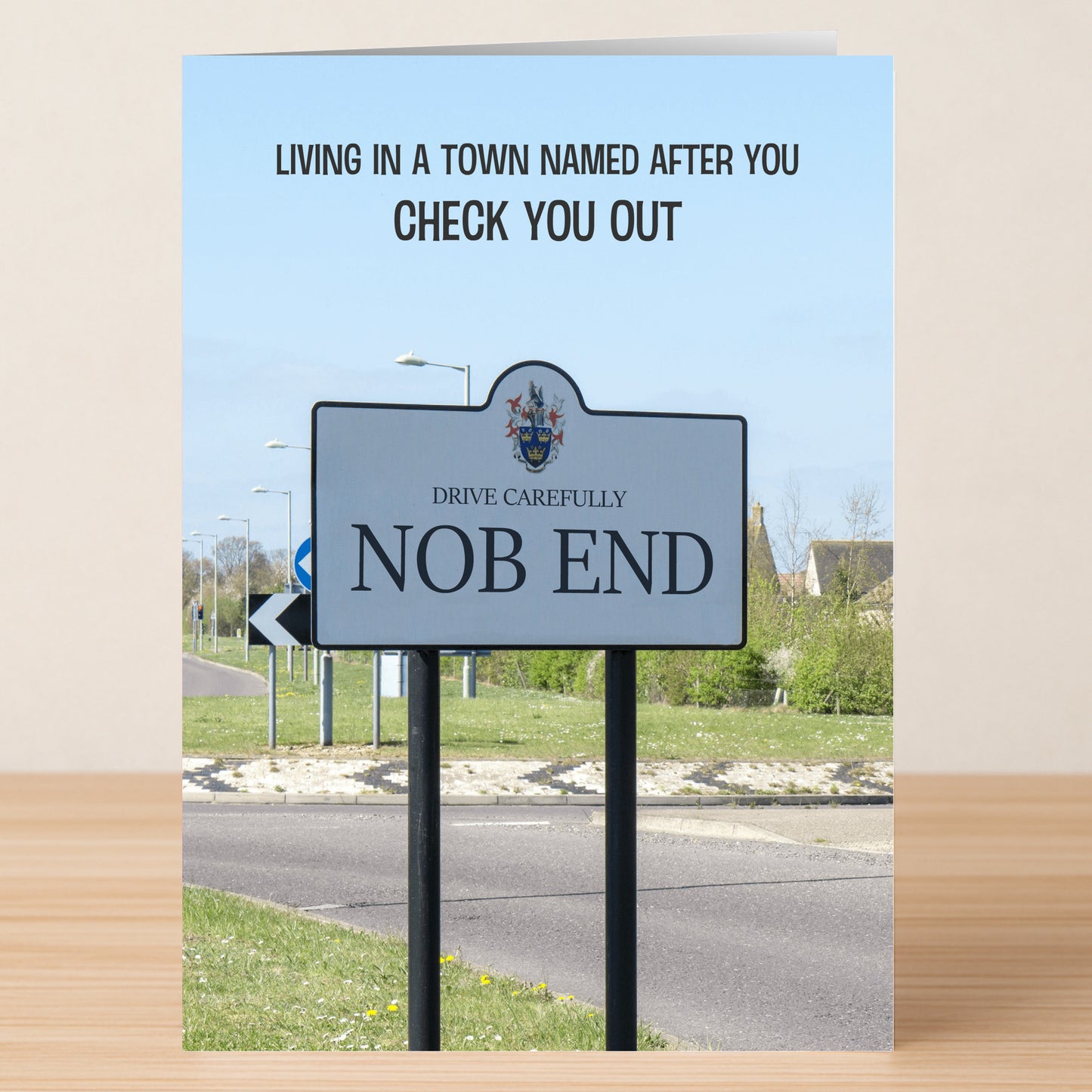 The Nob End – Insulting Any Occasion Card by Twisted Gifts features a rude, funny road sign saying "Nob End" with the caption: "Living in a town named after you, check you out." Perfect for any occasion!.