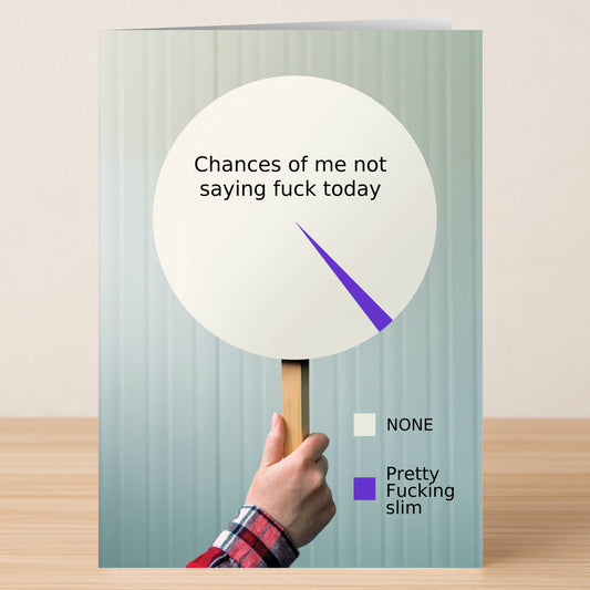 A hand holds Twisted Gifts’ “Pretty Slim” Funny Greeting Card, featuring a pie chart titled "Chances of me not saying fuck today"—mostly purple for "Pretty Fucking slim" with a sliver labeled "NONE," ideal for bold, cheeky humor.