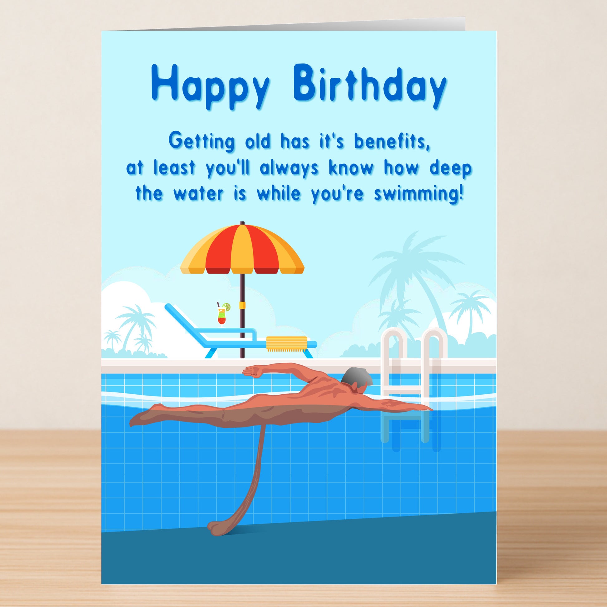 The Swimming Rude Birthday Card by Twisted Gifts features a fun design of an elderly man swimming with a sagging body and the joke: "Getting old has its benefits... you'll always know how deep the water is!.