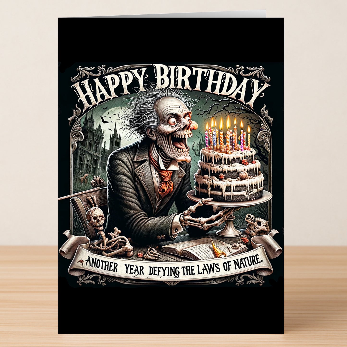 The Defying Nature Him Funny Birthday Card by Twisted Gifts features a gothic skeleton with a cake and the witty message, "Happy Birthday. Another year defying the laws of nature," accented by skulls and gothic decor.