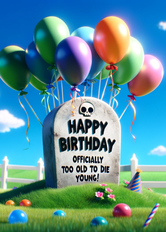 A whimsical Die Young Funny Birthday Card with colorful balloons, displaying the cheeky message "happy birthday, officially too old to die young!" in a sunny, grassy setting. (Twisted Gifts)
