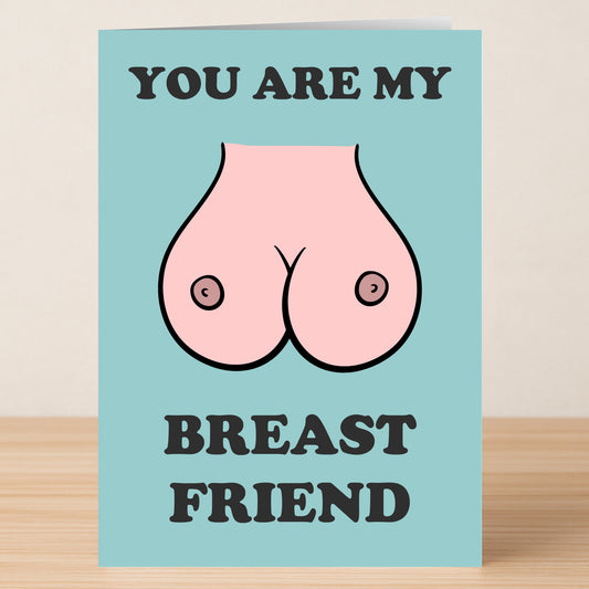 The Breast friend Funny Birthday Card by Twisted Gifts features a light blue background, cartoon breasts, and the pun "YOU ARE MY BREAST FRIEND" for a unique, humorous greeting.