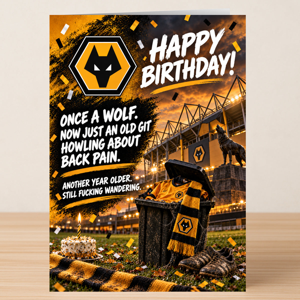 Wolves – Funny Birthday Card featuring a wolf mascot, a stadium, and a trash bin containing a gold and black soccer jersey and scarf, with text reading “Happy Birthday! Once a wolf, now just an old git.”