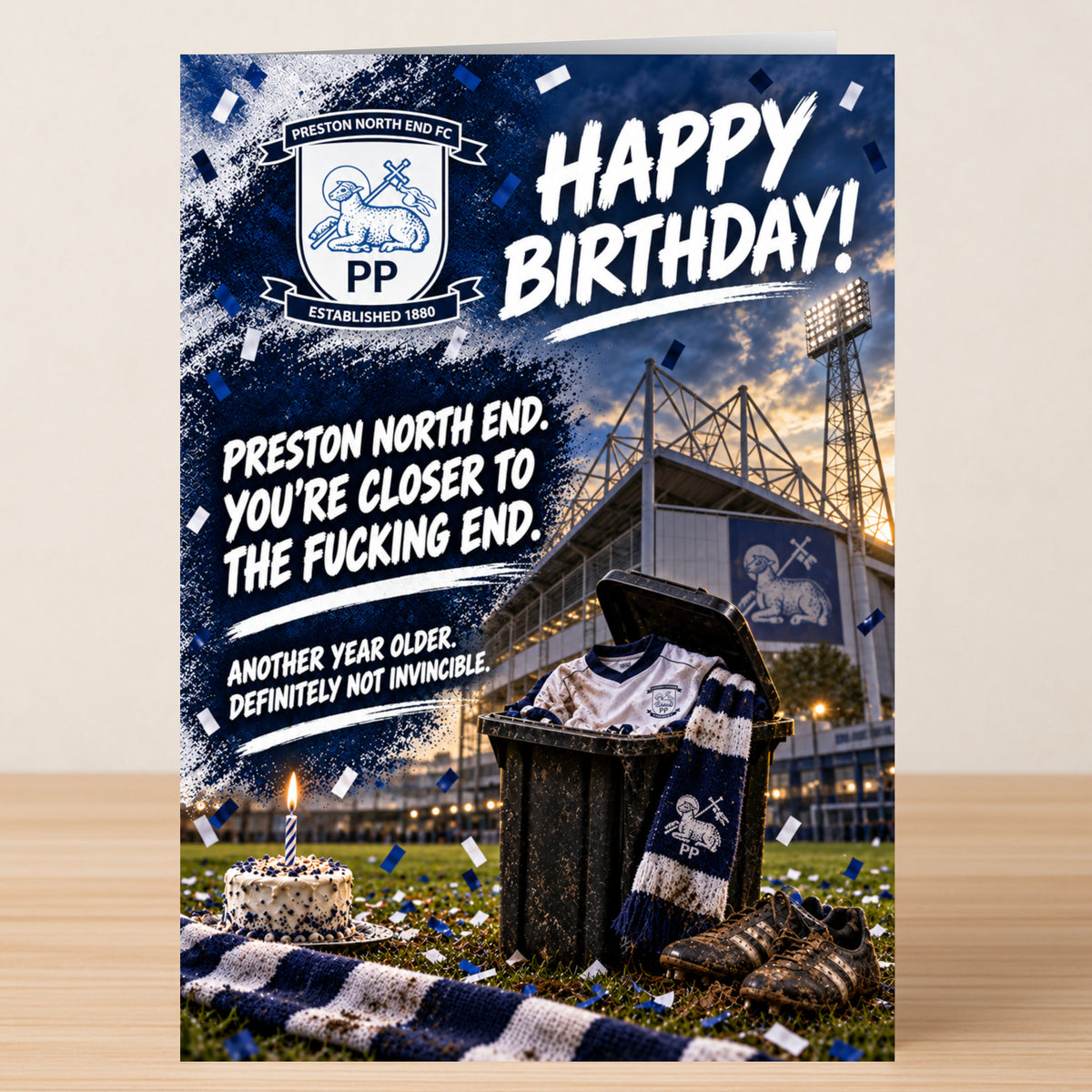Preston North End – Funny Birthday Card featuring the team logo, a stadium, a cake, and a bin with a football kit, reading: “Happy Birthday! Preston North End. You’re closer to the fucking end.”