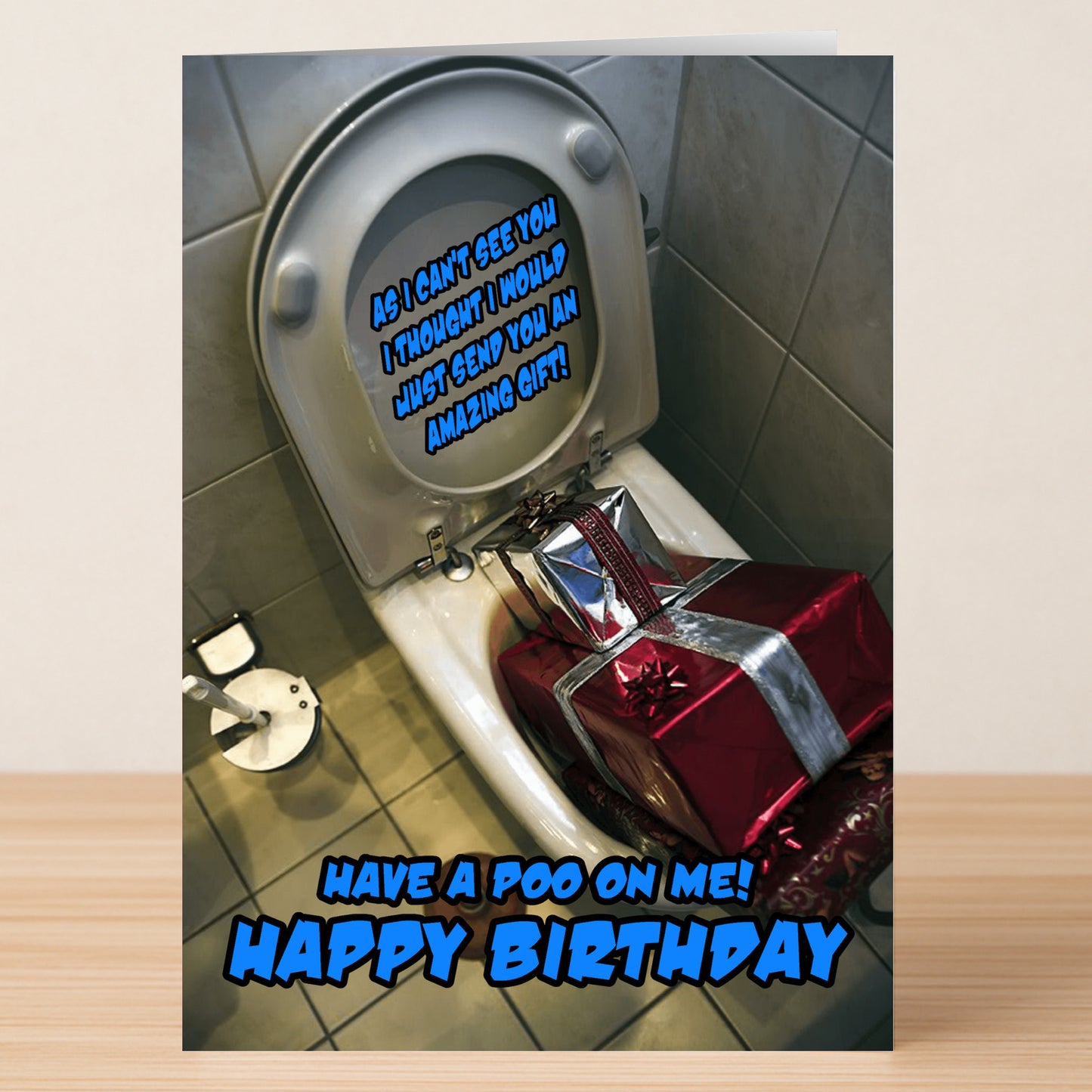 The Poo On Me Rude Birthday Card from Twisted Gifts features a wrapped gift in a toilet bowl and funny birthday wishes—ideal for anyone with a cheeky sense of humor.