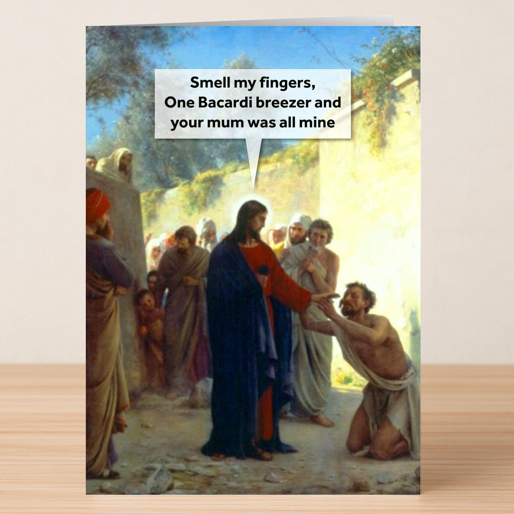 The One Drink Rude Christmas Card by Twisted Gifts features a classical Jesus painting with a witty modern speech bubble, making it an ideal cheeky joke for the festive season.
