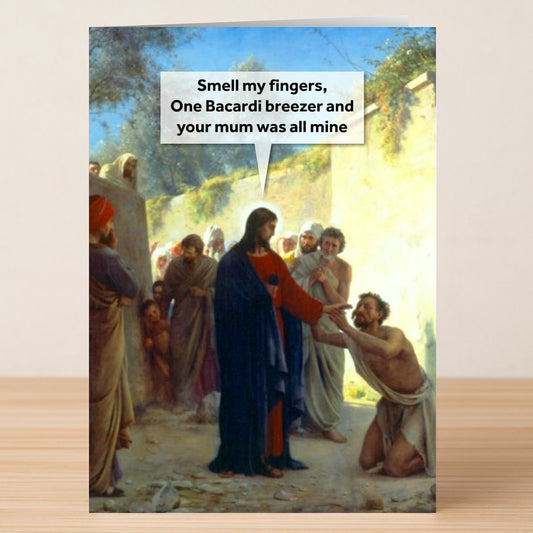 The One Drink Rude Christmas Card by Twisted Gifts features a classical Jesus painting with a witty modern speech bubble, making it an ideal cheeky joke for the festive season.