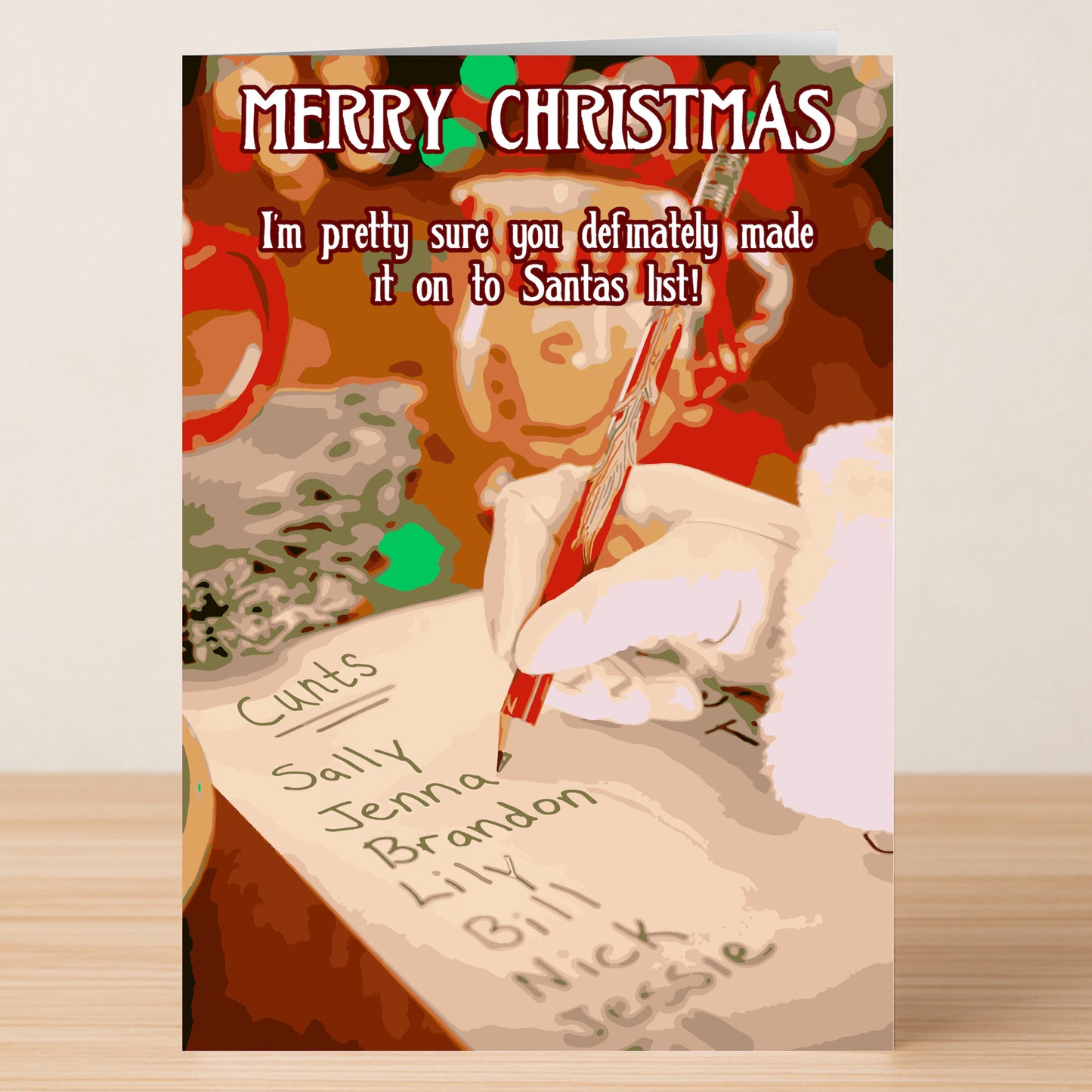 The Santa’s List Rude Christmas Card by Twisted Gifts features Santa’s gloved hand writing cheeky names on his “infamous list,” with festive humor and “Merry Christmas” at the top.