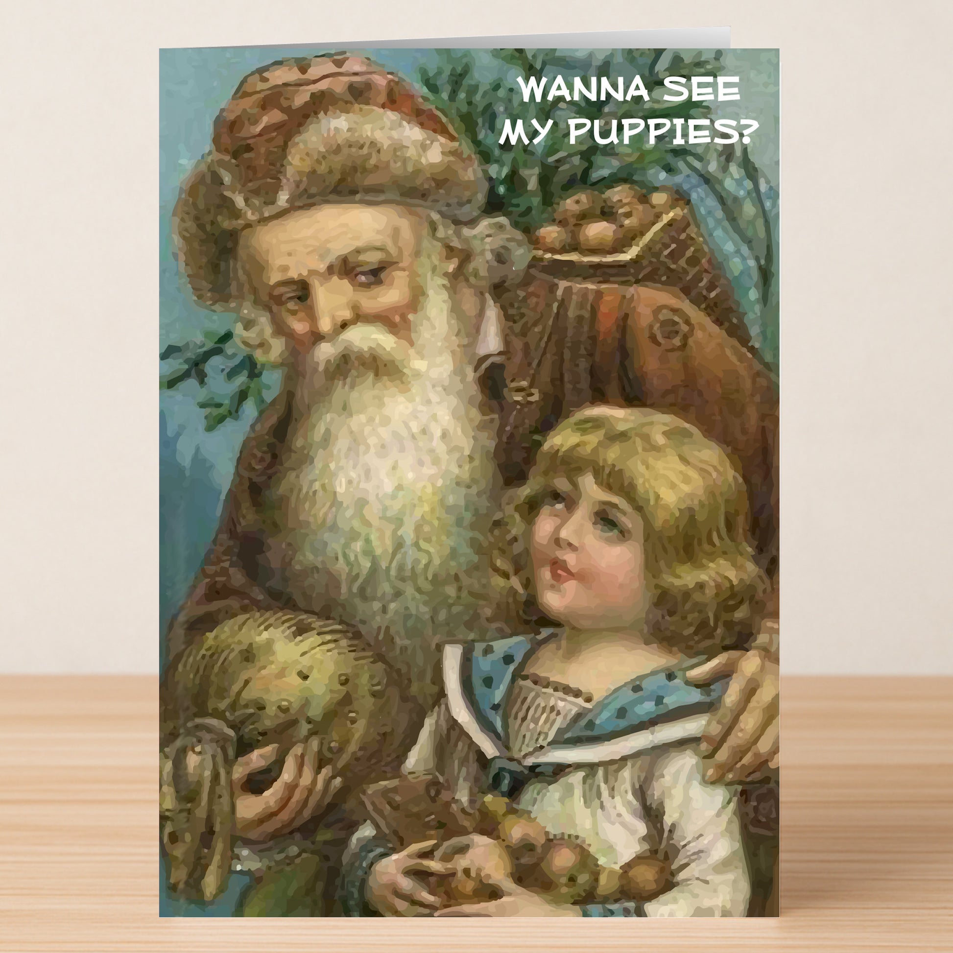 The Puppies Rude Christmas Card by Twisted Gifts features a man in historical attire with a child and the caption "WANNA SEE MY PUPPIES?"—ideal for anyone who enjoys bold humor or wants a truly unforgettable holiday greeting.