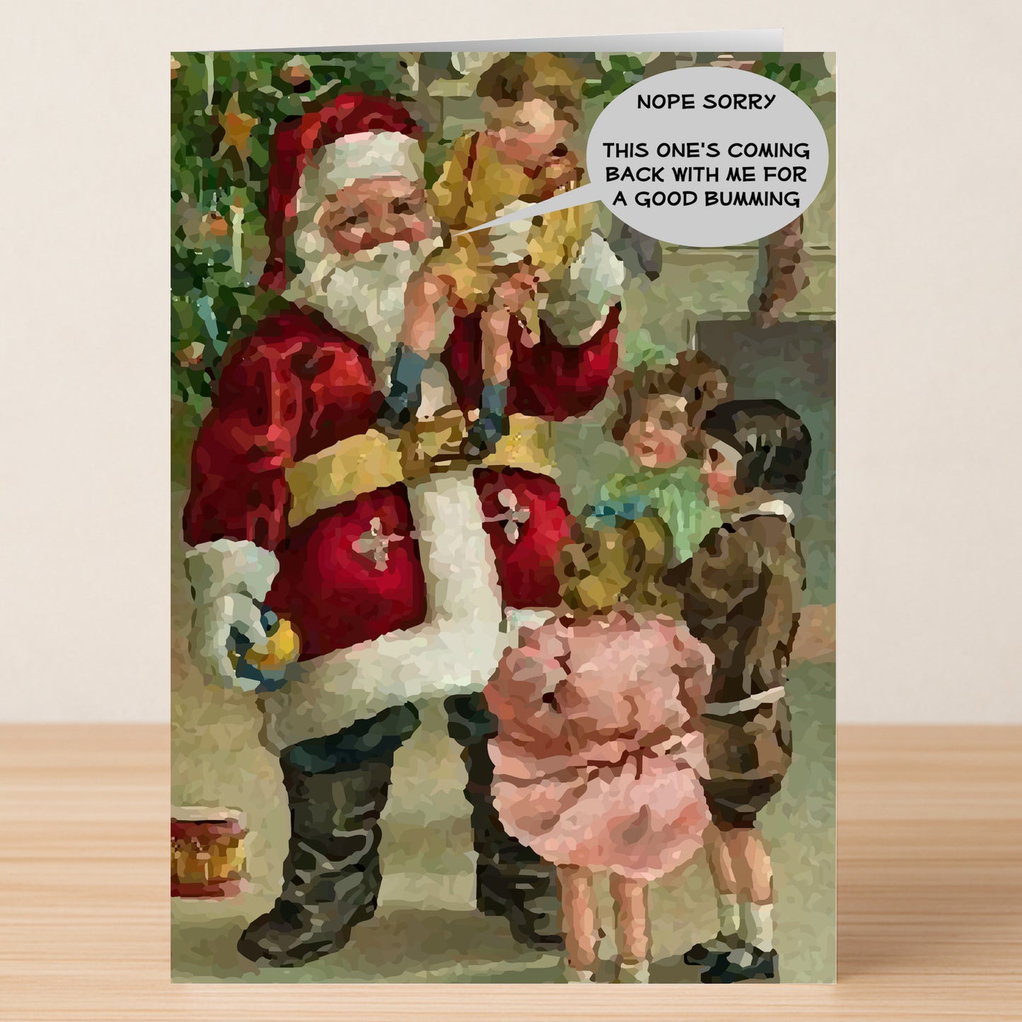 The Good Bumming Rude Christmas Card by Twisted Gifts features a vintage Santa with a toy saying, "NOPE SORRY. THIS ONE'S COMING BACK WITH ME FOR A GOOD BURNING." Perfect for anyone who loves offbeat holiday humor!.