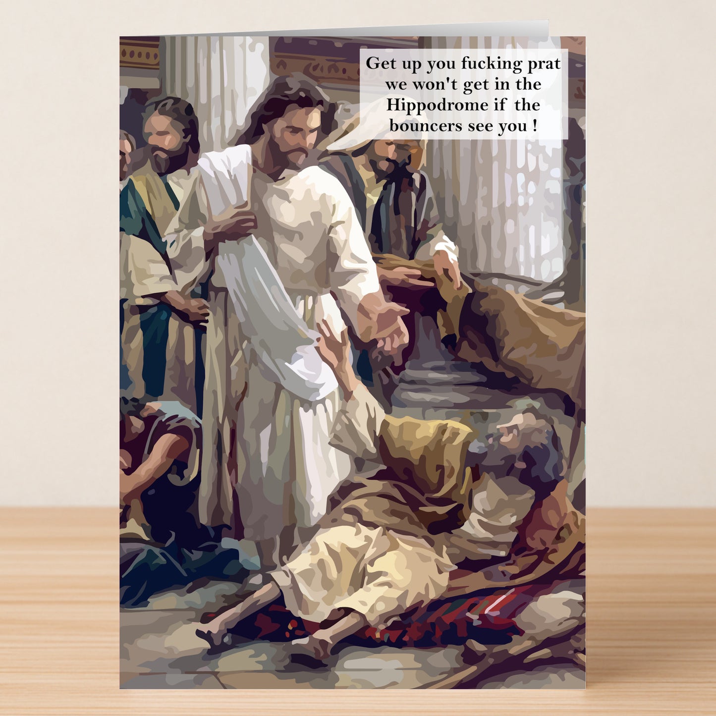A group of men in robes, with one reaching out to another on the ground and a witty modern caption above—ideal for Twisted Gifts’ Bouncers Funny Christmas Card or any festive design.