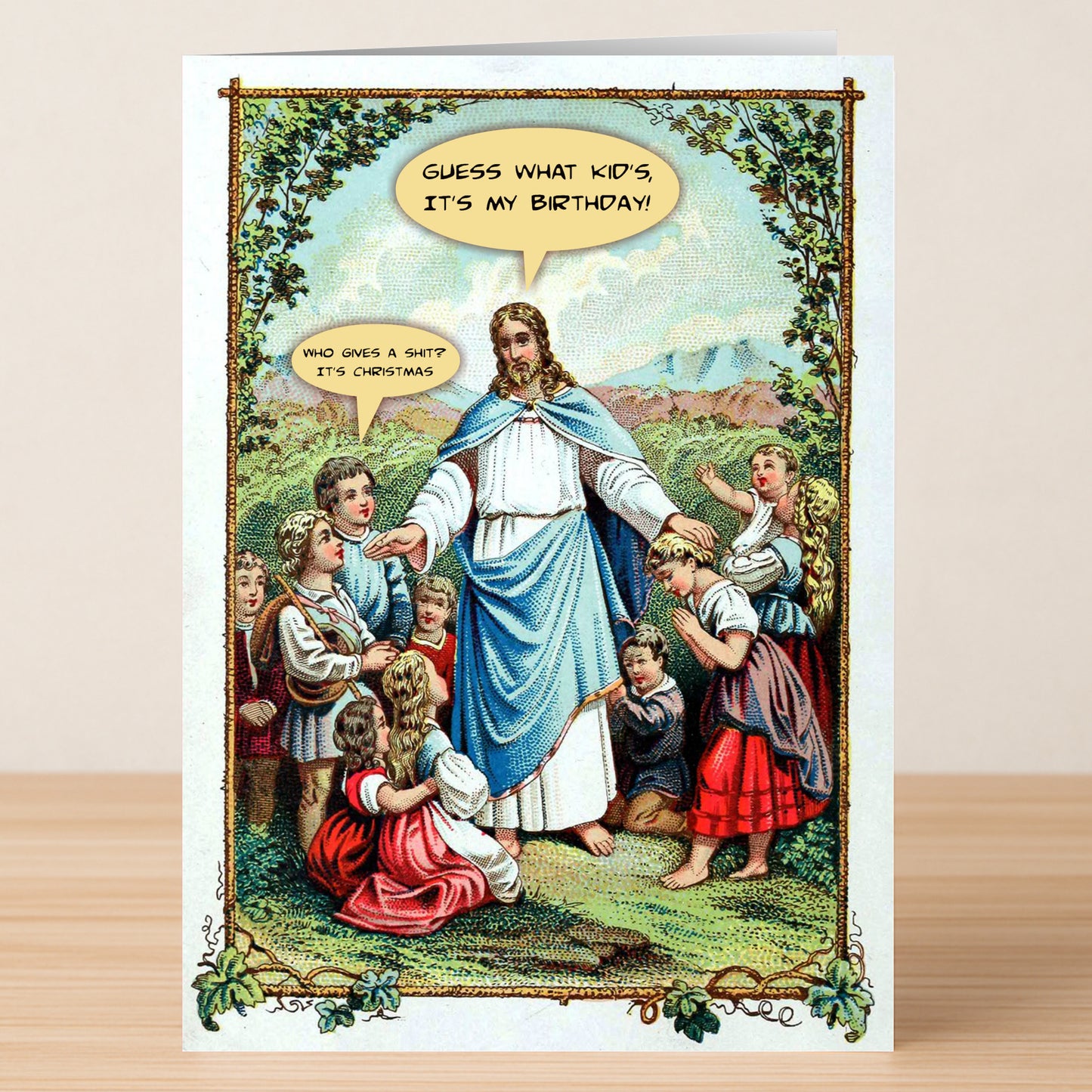 The Who Gives A Shit Funny Christmas Card by Twisted Gifts features a humorous illustration of Jesus with kids and cheeky speech bubbles—perfect for spreading holiday cheer with a comical twist.