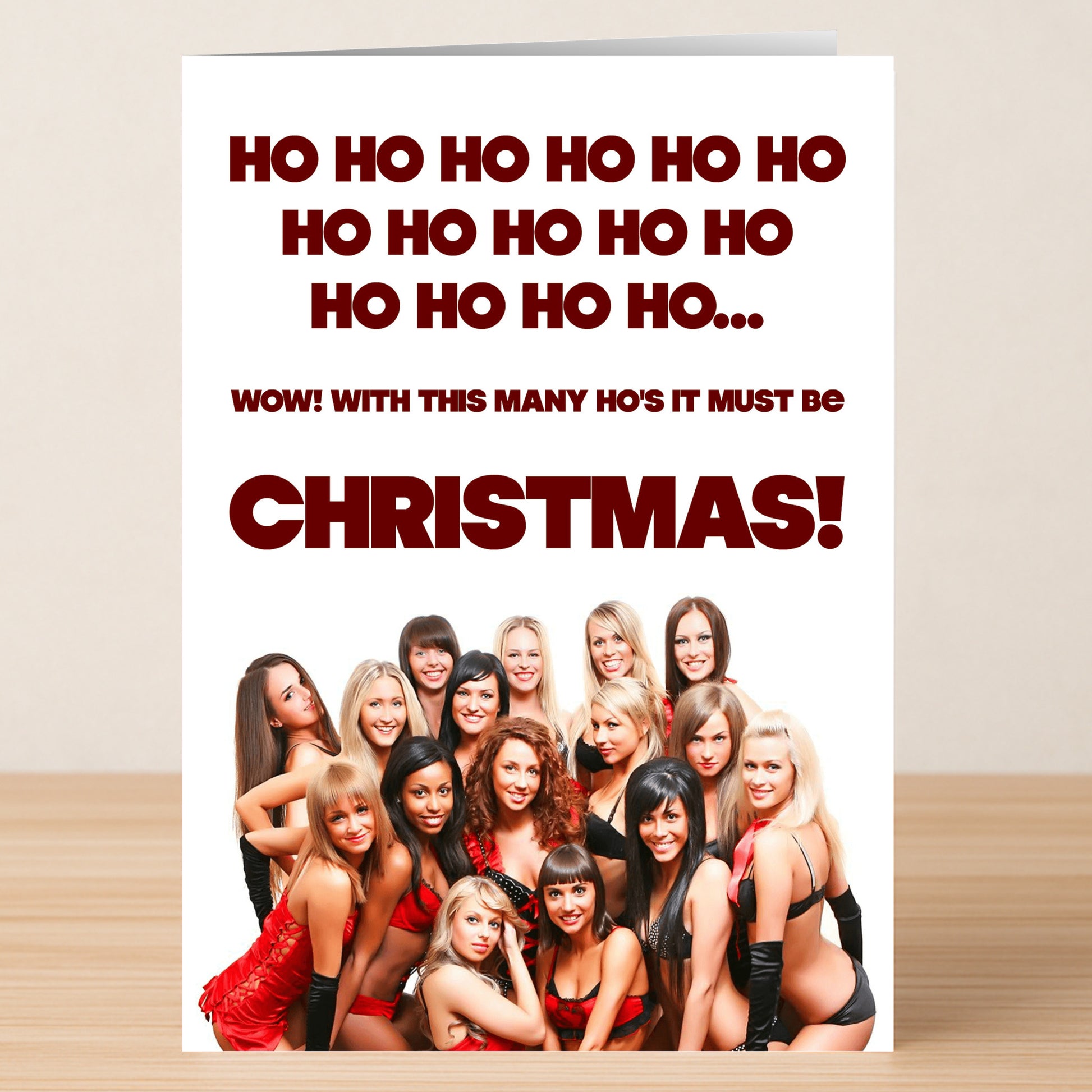 The Many Ho's Funny Christmas Card by Twisted Gifts features women in red and black with bold "ho ho ho" text—perfect for adding laughs and festive cheer to your holiday greetings.
