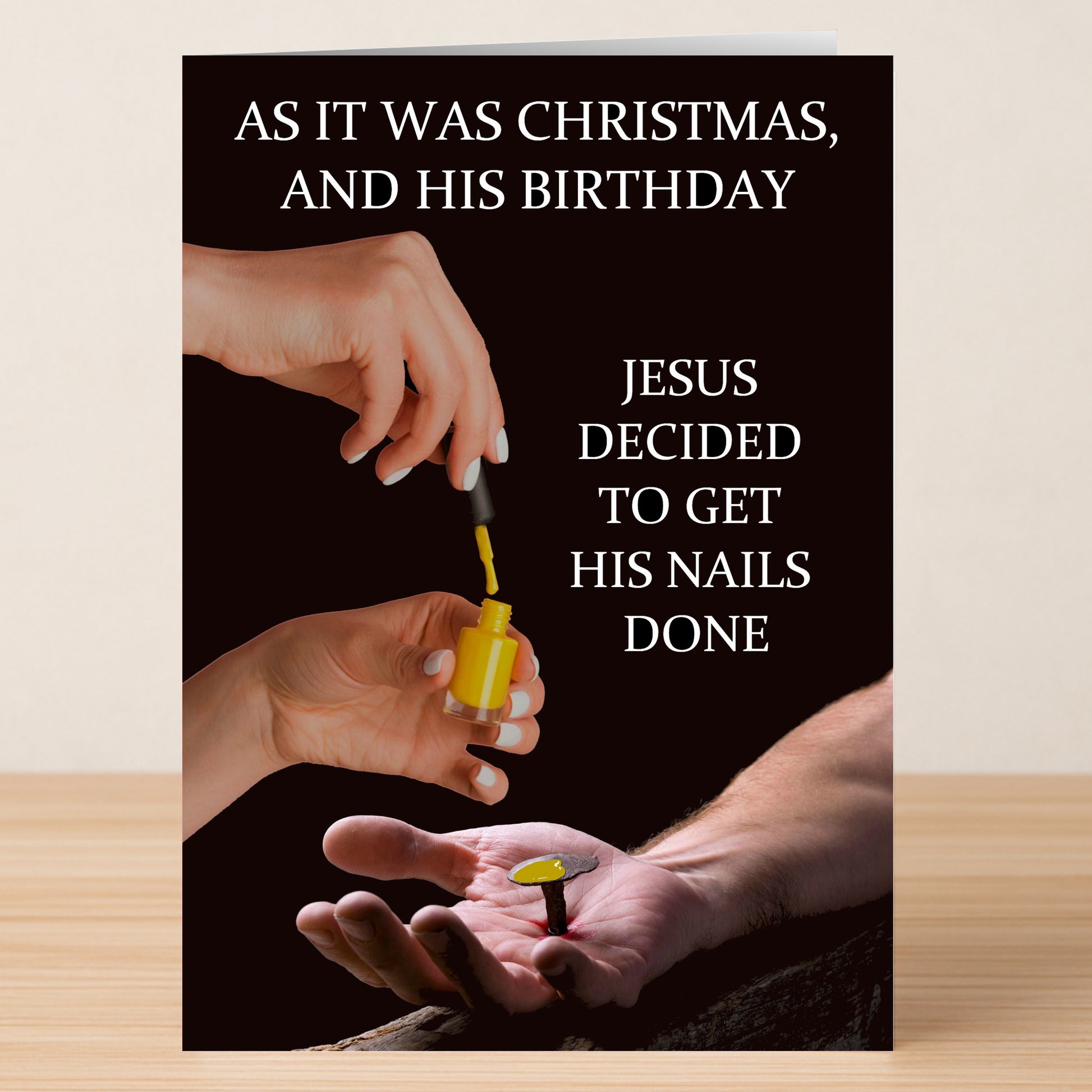 Give the gift of dark humor with Twisted Gifts’ Nails Done Funny Christmas Card. Featuring a painted nail and Jesus reference, this card reads: “As it was Christmas, and his birthday, Jesus decided to get his nails done.”.