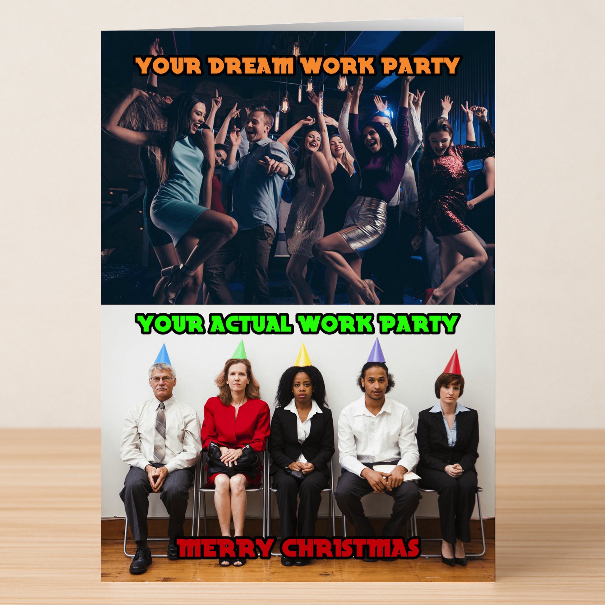 The Actual Party Funny Christmas Card from Twisted Gifts features a split festive design: the top shows "Your Dream Work Party" with dancing, while the bottom depicts quiet coworkers as "Your Actual Work Party." Perfect for a holiday laugh!.