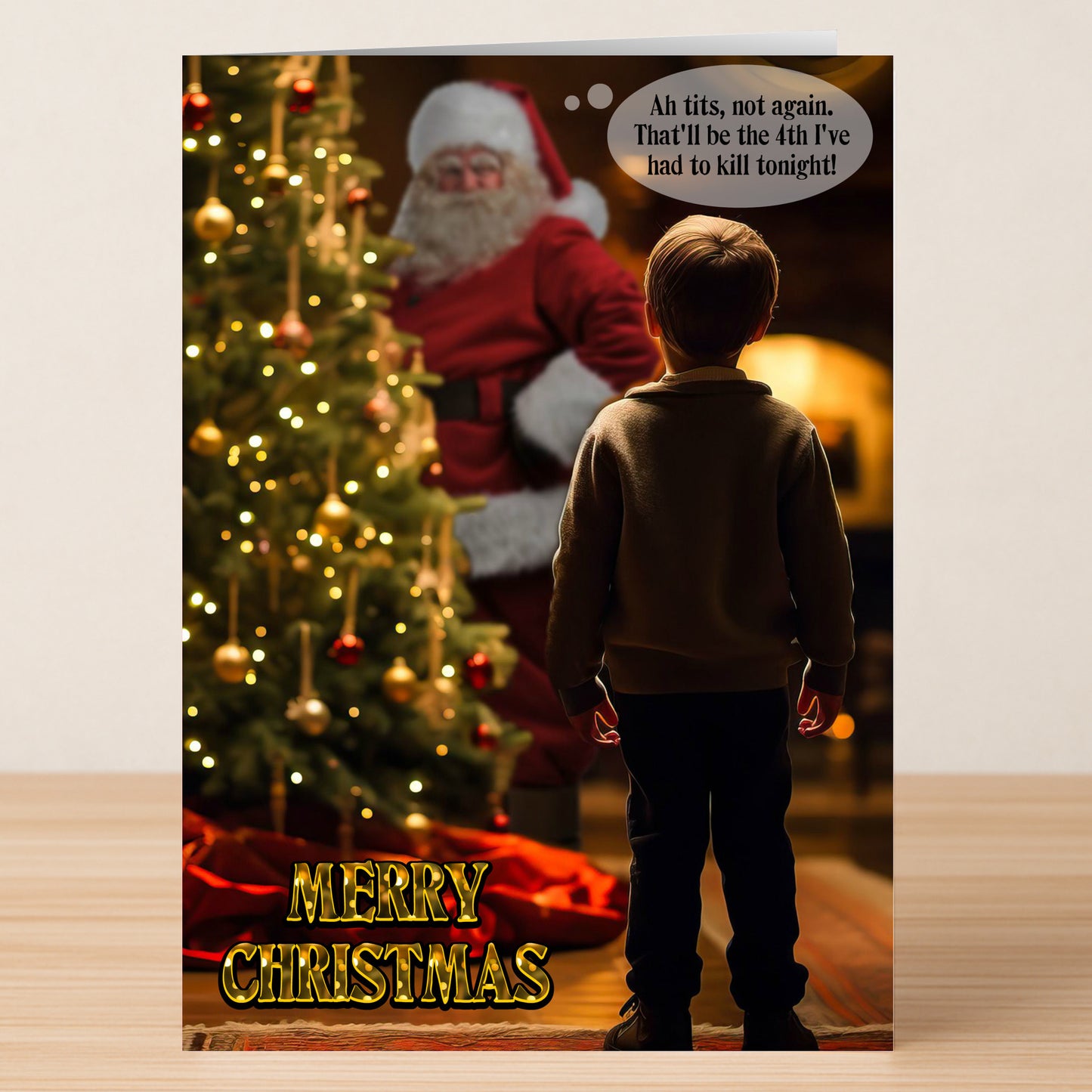 The "4th Tonight Funny Christmas Card" by Twisted Gifts features a child facing Santa by a decorated tree. A speech bubble above Santa shows dark, humorous text. "Merry Christmas" adds festive cheer at the bottom of this playful card design.