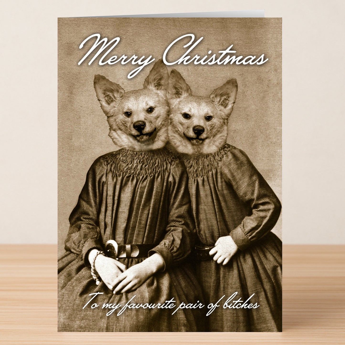 Twisted Gifts’ Favourite Pair Funny Christmas Card features two women with dog heads and the captions "Merry Christmas" and "To my favourite pair of bitches"—an ideal way to spread holiday laughter.