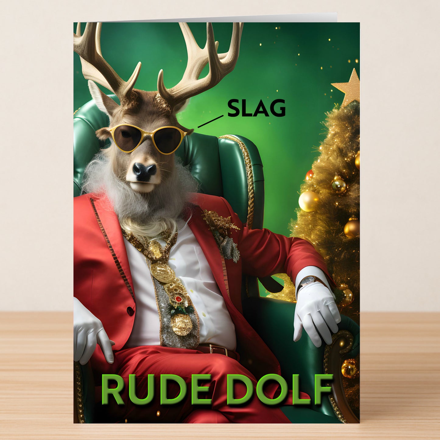 The Rude Dolf Funny Christmas Card by Twisted Gifts shows a deer in shades, red suit, and gold chains on a green chair beside a tree. "SLAG" labels the sunglasses, while "RUDE DOLF" adds to the festive humor at the bottom.