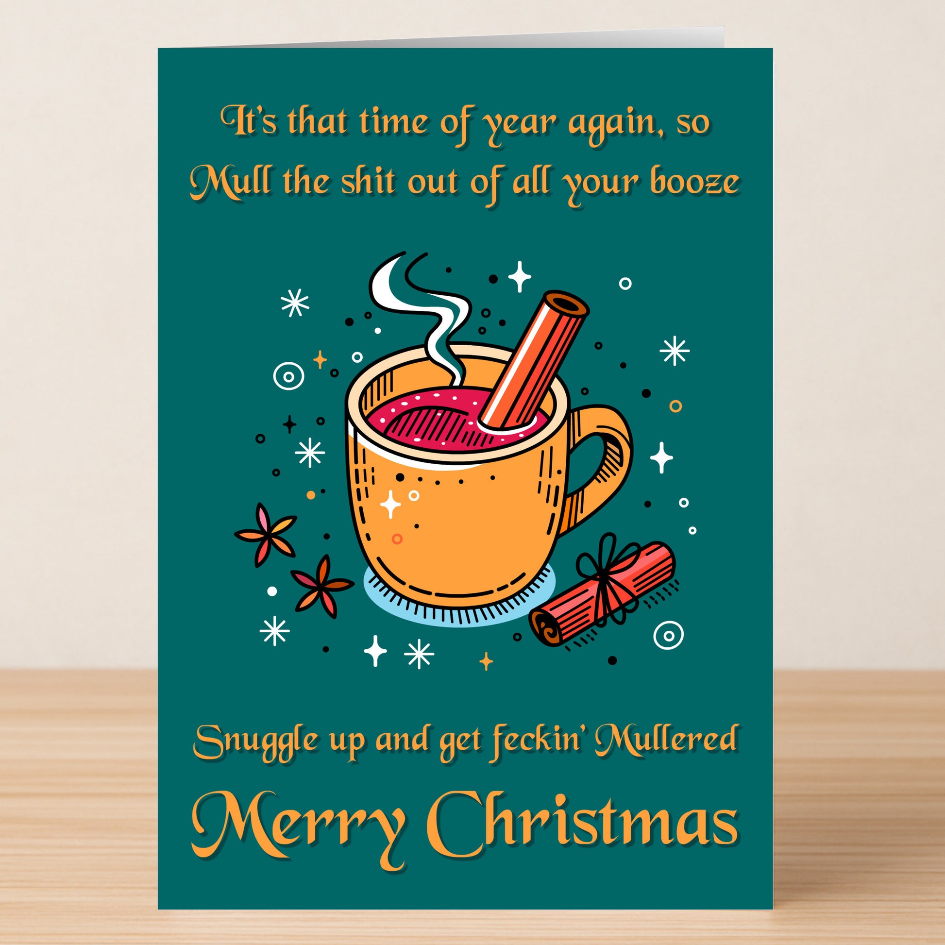 The Mullered Funny Christmas Card by Twisted Gifts features a festive mug with cinnamon sticks and spices, delivering quirky humor and irreverent text—perfect for spreading holiday cheer this Christmas.