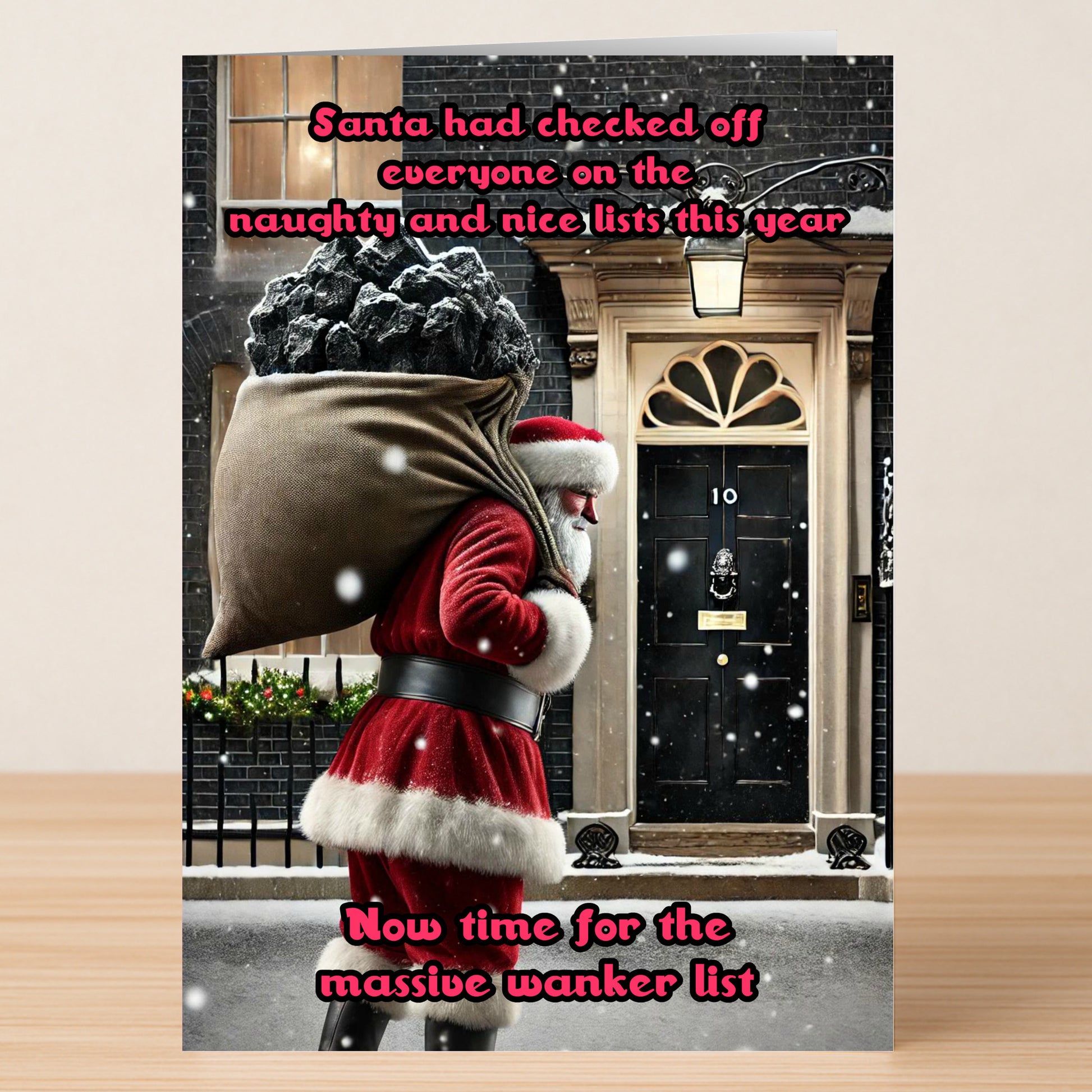 The Massive List Funny Christmas Card by Twisted Gifts features Santa outside 10 Downing Street in the snow, holding a sack of coal, with bold text referencing naughty, nice, and "massive wanker" lists for political holiday laughs.